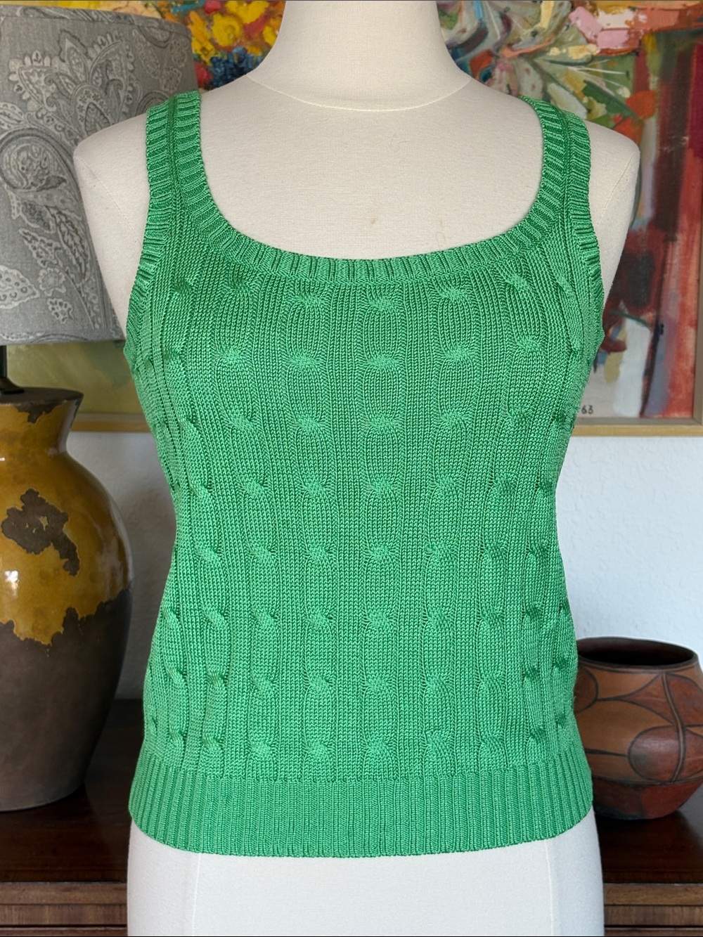 Ralph Lauren Silk Green Cable Knit Tank Top
